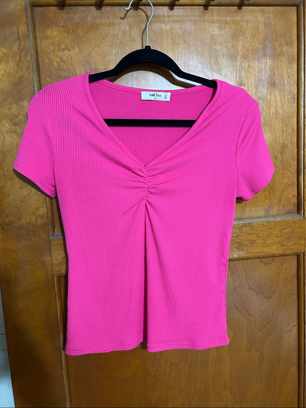 Hot Pink Ribbed V-Neck Tee with Front Ruched Detail